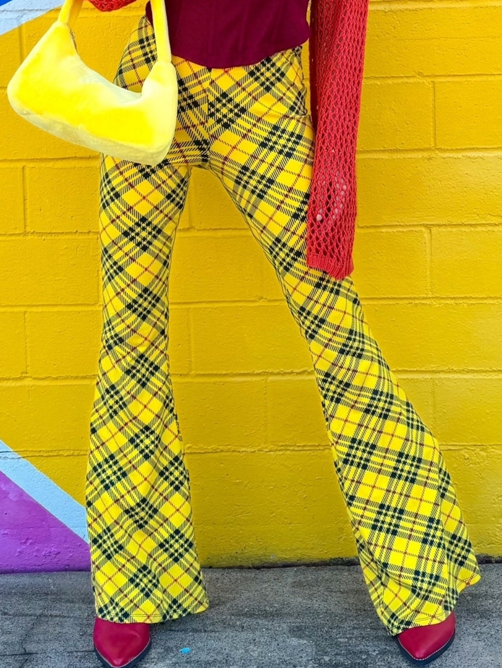 🌼✌️90s Cher Clueless Yellow Vintage Plaid Flare Bell Bottom Pants large